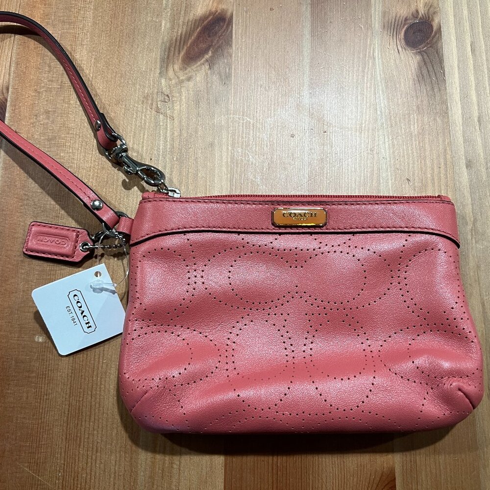 NWT Coach Signature C Perforated Leather Medium Wristlet in Coral (F47330)